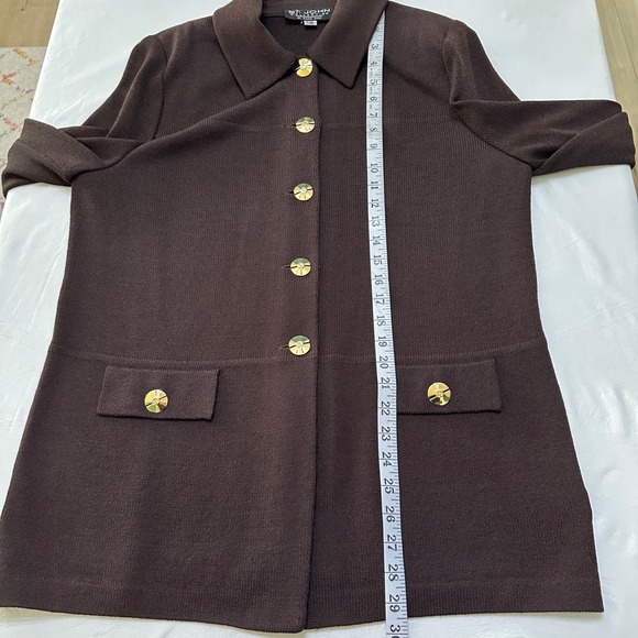 St. John Collection Brown Knit Suit Set Sz 14/12 Gold Buttons Mended Flaws Vtg - Picture 7 of 16